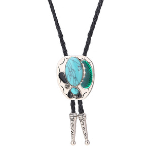 Western Cowboy Turquoise Feather Bolo <b>Tie</b> for <b>Men</b> Vintage Hand Carved Alloy <b>Black</b> Braided Leather Cord Necklace Bolo <b>Tie</b> - Product Image 1