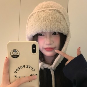 Gorro de esquí cálido a prueba de viento para mujer, gorro con orejeras forrado de lana gruesa, color beige y rosa para otoño e invierno - Product Image 3
