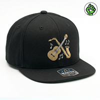 Groothandel Zwarte 6-Panel Katoenen Gitaar Saxofoon Handgestikte Muziekthema Platte Klep Hip Hop Sportieve Unisex Custom Snapback Cap