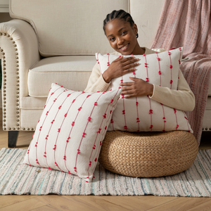 Bohemian Embroidered Cotton Cushion Cover Rectangle Striped Red <b>White</b> Home Decor Pillow Case - Product Image 1