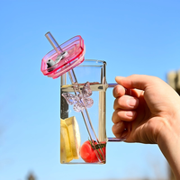 Tasse à café en verre borosilicate multicolore style nordique avec poignée et paille, résistante au lave-vaisselle, avec couvercle, pour la maison, modèle papillon, pour influenceurs