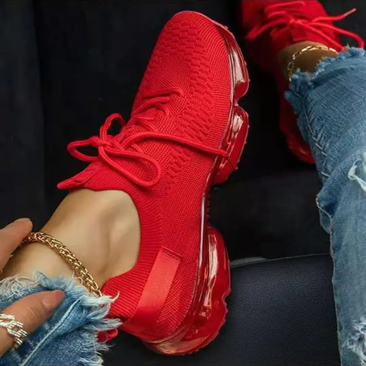 Womans Red Sneaker Red Color Women New Design Casual Knitting Breathable Lace Up Running Ladies Sneaker Casual Shoes