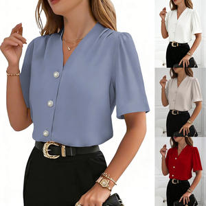 Chemise décontractée à manches courtes pour femme, nouvelle collection printemps/été 2026, col en V, en polyester tricoté, dentelle, boutonnée, tendance, pour le travail - Product Image 6