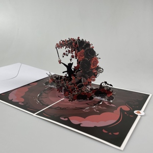 Tema di luna crescente e Halloween in stile gotico 3D Pop up Card cover rigida un simpatico piccolo gatto con rose nere e rosse - Product Image 4