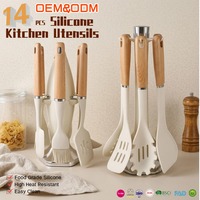 OEM ODM 14 pièces d'ustensiles de cuisine antiadhésifs résistants à la chaleur, manche en bois, silicone de qualité alimentaire, FDA, avec support rotatif