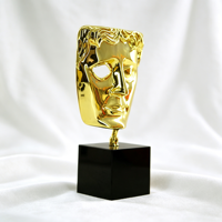 Trophée Masque de Théâtre en Métal Doré Personnalisé avec Socle Cube Noir, Souvenir d'Attestation pour Cérémonie de Remise des Prix Théâtre, Cinéma, Musique