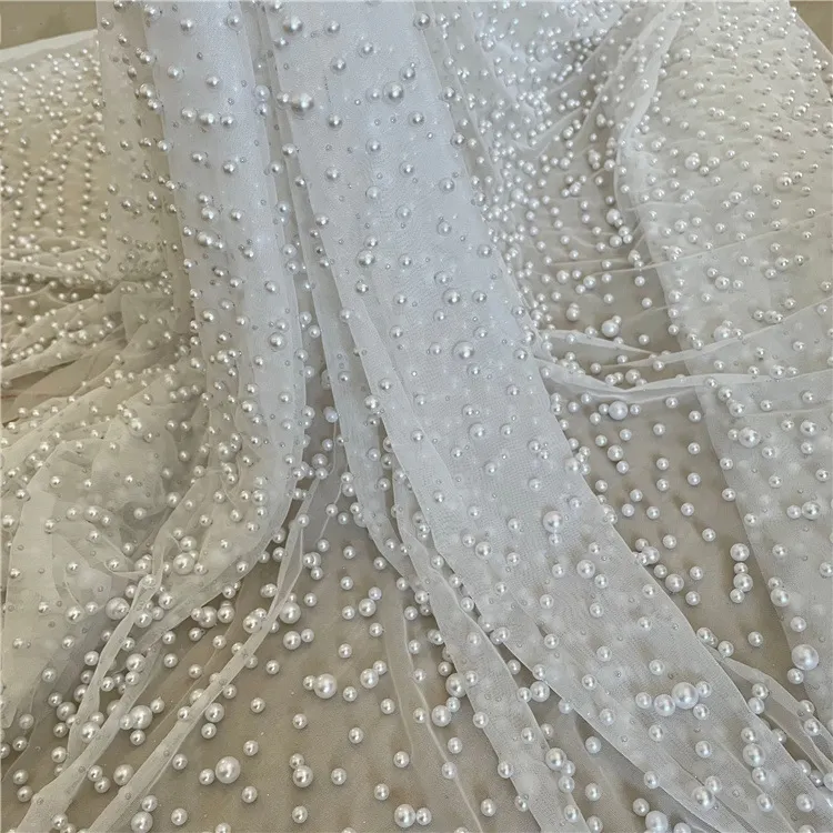 جديد 2024 مصنوع يدويًا ثقيل مطرز باللؤلؤ قماش شبكي تول لفستان الزفاف لفساتين حفلات الزفاف المسائية حجاب
