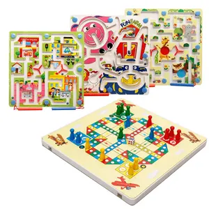 Jeu Montessori 2 en 1 Labyrinthe magnétique Combinaison d'échecs volants Animal Labyrinthe double face Ludo Jouets en bois pour enfants