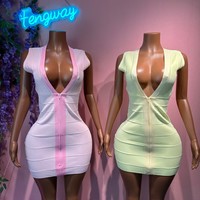 Robe moulante sexy et tendance 2026 à col en V profond, fermeture éclair, bandage, rayures et couleur unie, avec effet enveloppant sur les hanches