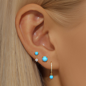 Nouveauté : Boucles d'oreilles clous en or 18 carats avec turquoise (lot de 3) et boucles d'oreilles créoles tendance en argent 925 - Product Image 4