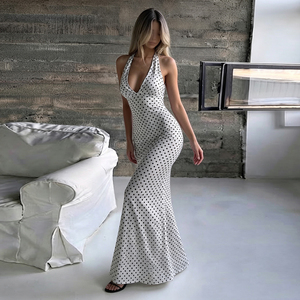 Robe longue d'été décontractée pour femme, tissée, respirante, à pois, col halter, décolleté plongeant, dos nu, avec nœud, taille haute, pour soirée - Product Image 3