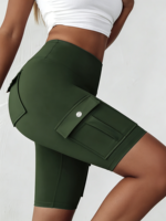 Shorts de sport taille haute vert olive en polyester respirant pour femme - Athlétique et ajusté avec extensibilité quadridirectionnelle et poches cargo
