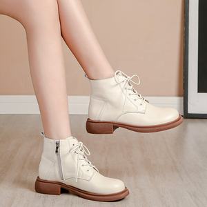 Botines de cuero marrón estilo británico para mujer, con cordones, suela suave, botas casuales con cierre de cremallera, estilo de punta ancha, botas de invierno - Product Image 4