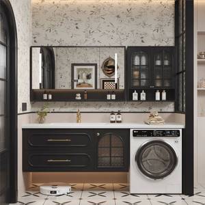 French style antique rock slab ceramic seamless basin intelligent <b>mirror</b> washing machine integrated bathroom cabinet - Product Image 2
