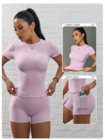 Amflex Set Yoga 2 Potong Wanita Terlaris, Kerah Bulat Polos, Bahan Bernapas Cepat Kering, Lengan Pendek, Pinggang Tinggi, Mengangkat Bokong, Nylon Spandex
