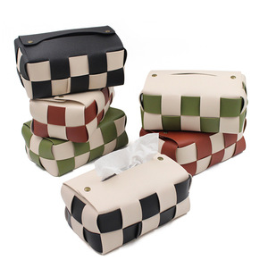 Boîte à mouchoirs en cuir tressé fait main, sac à mouchoirs pour restaurant et maison, sac à mouchoirs minimaliste color-block à motif damier pour voiture - Product Image 3