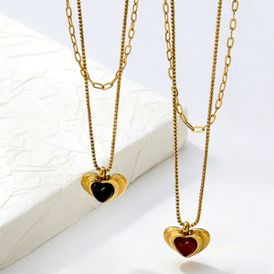 Collar de doble cadena con forma de corazón, colgante de piedra roja, negra y dorada, para uso diario, regalo, joyería - Product Image 1