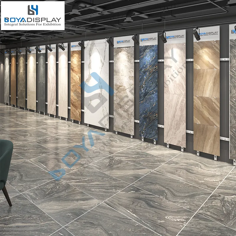 Customized Wall Panel Ceramic Tile Glass Tile Display Artificial Stone Marble Wood Flooring Wall Mounted Metal Rack For Showroom