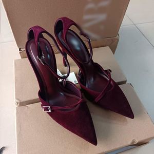 New Arrival Wine <strong>Red</strong> <strong>Suede</strong> Pointy High Heels Fine Buckle Women Pumps Pointed <strong>Shoes</strong> Sexy Thin Heels Sandal - Product Image 6