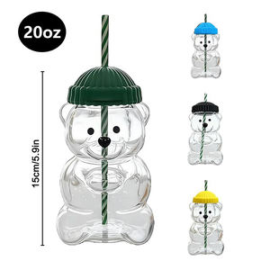 Ly cà phê thủy tinh hình gấu 20oz có nắp màu xanh đậm và ống hút, ly gấu nhỏ dễ thương trong suốt 600ml, có thể in logo tùy chỉnh, cốc thủy tinh trong suốt - Product Image 5