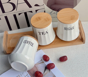 OEM ODM Nouveaux ustensiles de cuisine créatifs de qualité alimentaire, boîte de rangement en céramique pour thé, café, sucre avec couvercle en bambou, logo personnalisé, vente en gros - Product Image 6