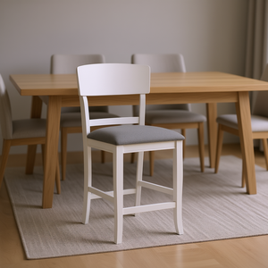 Chaise de salle à manger contemporaine à hauteur de comptoir, structure en bois massif blanc, assise en tissu gris, design moderne pour mobilier de salle à manger - Product Image 2
