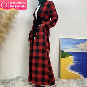 1443# Modest New Abaya Black Border Grid <b>Print</b> With Side Pockets Autumn Women Coat Fashion Fall Abaya - Product Image 1