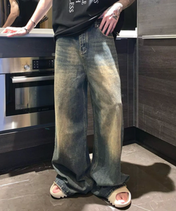 Pantaloni da Uomo <span class=keywords><strong>Streetwear</strong></span> di Alta Qualità Jeans Lavaggio <span class=keywords><strong>Vintage</strong></span> da Uomo Pantaloni Lunghi Larghi a Gamba Dritta con Tasche a Cerniera - Product Image 3