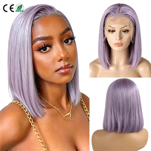 Pelucas Bob de Cabello Humano Morado Claro, 13x4, con Frente de Encaje, Cabello Virgen Remy para Mujer, Liso Sedoso, Encaje Transparente, Color Morado Humo - Product Image 1
