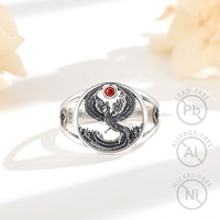 Anillo Abierto Ajustable de Plata de Ley S925 con Fénix Oxidado, Joyería Fina Espiritual Vintage con Circonita Cúbica Roja