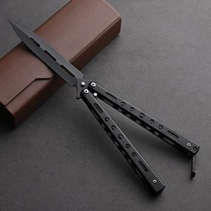 Couteau papillon à lame non affûtée en acier inoxydable noir en gros, couteau d'exercice en métal, lame émoussée, couteau d'entraînement - Product Image 1