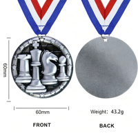 Médaille d'échecs personnalisée en alliage de zinc 60 mm, pièces d'échecs en relief 3D, médaille de récompense avec ruban pour tournoi d'échecs, souvenir de compétition