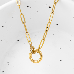 YF5143 Collar con Cierre de Presión Redondo Antideslustre Chapado en Oro de 18k de Acero Inoxidable con Dije de Circón y Cadena de Eslabones para Mujer - Product Image 3