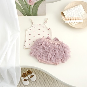 Mayorista Personalización Verano Bebé <span class=keywords><strong>Chaleco</strong></span> Top Niña Casual Estilo Occidental Traje con Lazo Impreso Thin Wisteria Fabric - Product Image 3