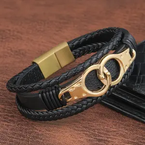 经典设计来源厂家直销不锈钢手铐多层编织磁性扣男士皮革手链