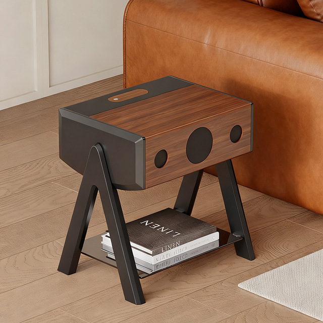 Smart Bluetooth Speaker Coffee Table Solid Wood Legs Multi-Layer Board Cabinet Black Tempered Glass Storage Shelf-Nordic-Style