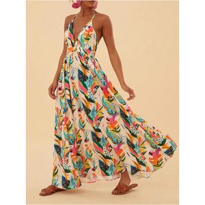 Vestido Maxi Halter con Estampado Botánico Colorido para Mujer, Cuello en V Profundo, Cintura Imperio, Corte en A, Atuendo de Vacaciones, Tejido Transpirable - Product Image 3