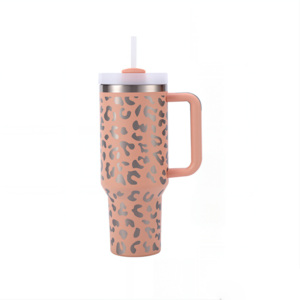 40oz stainless steel tumbler burgundy leopard print bpa-free <b>with</b> <b>straw</b> double-wall 40oz stainless steel tumbler - Product Image 2