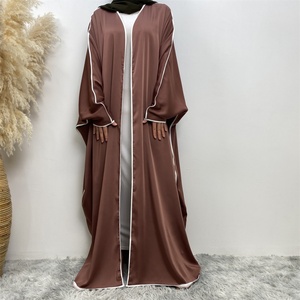 6688# New Arrive Smooth Satin batwing Sleeve Open <b>Abaya</b> With White Line Muslim Women Eid Ramadan Basic Abayas Cardigan 6 Colors - Product Image 3