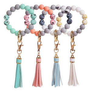 Hot Selling Colorful Wood Bead Wristlet <b>Key</b> <b>Chain</b> Retro Bracelet Bangle PU Leather Tassel Wristbands Keychain - Product Image 2