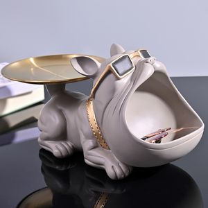 Statue et sculpture de chien Bouledogue français à grande gueule avec boîte de rangement pour porte-clés, figurine d'animal en résine, décoration de table pour la maison - Product Image 1