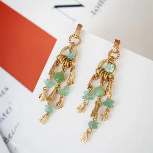 Boho Green Earrings Natural Stone Beads Tassel Elegant Geometric Statement Fringe Chandelier Earrings Pendientes