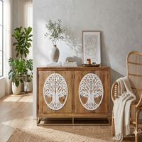 Buffet en bois sculpté à la main avec motif Arbre de Vie, console de rangement en bois massif avec base métallique, luxe pour salon