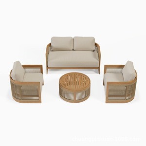 Conjunto de Sofás de Teca para Exteriores, Resistentes a la Intemperie, Muebles de Jardín Seccionales de Cuerda Tejida a Mano con Cojines de Secado Rápido para Hotel o Villa - Product Image 3