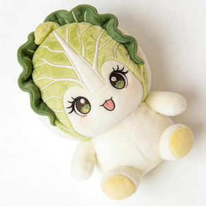 Peluche personnalisée mini et compacte en forme de chou chinois (bok choy) avec capuche en feuille à nervures brodées et volants, membres en peluche courte. - Product Image 1