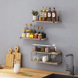 رفوف ذات جودة عالية للمطبخ 3+1 رفوف خشبية للمطبخ معلقة بجدار وإطار حديدي - Product Image 6