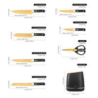 Ensemble de 8 couteaux de chef en acier inoxydable avec lame dorée, couteau Santoku, couteau à trancher, couteau à pain, couteau utilitaire, ciseaux et bloc de rangement