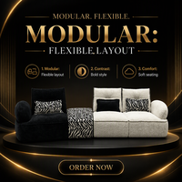 Ensemble de canapés modulaires en chenille moderne en forme de L avec imprimé zèbre et accoudoirs incurvés pour appartement et salon de centre commercial