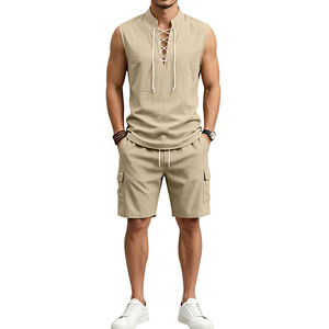 Ensemble t-shirt et short pour homme, lin, décontracté, été, tenue 2 pièces - Product Image 3