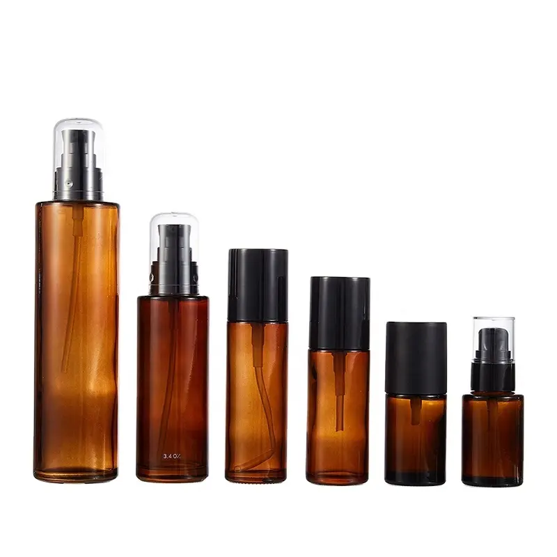 Glass Cosmetic Spray Bottle Hot Sale Flat Shoulder Round 20ml 30ml/1oz 40ml 60ml 100ml 120ml 150ml 200ml Amber with Black Pump